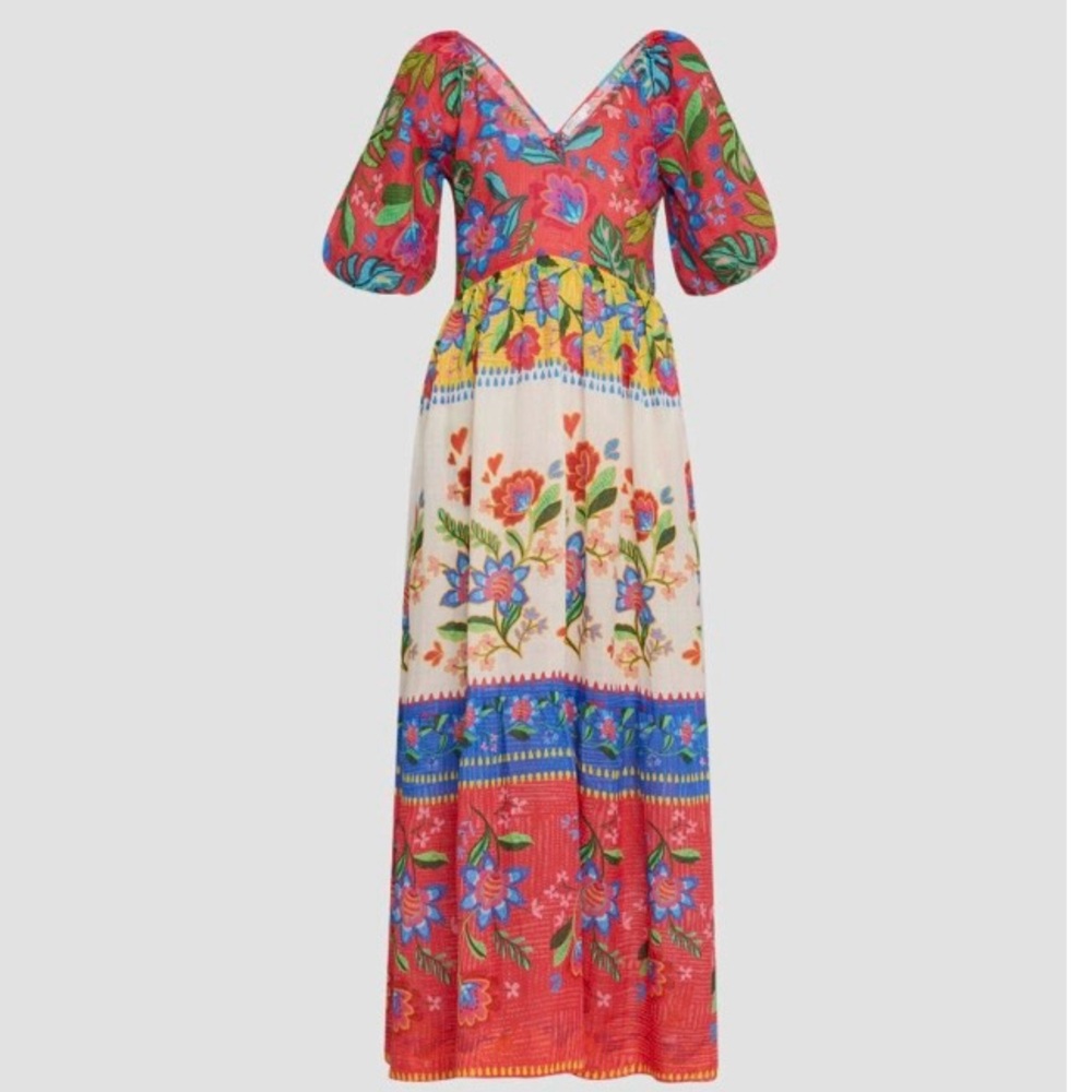 NWT Johnny Was Roumba V-Neck Back Cut-Out Floral Puff Sleve Maxi Cover-Up. Small